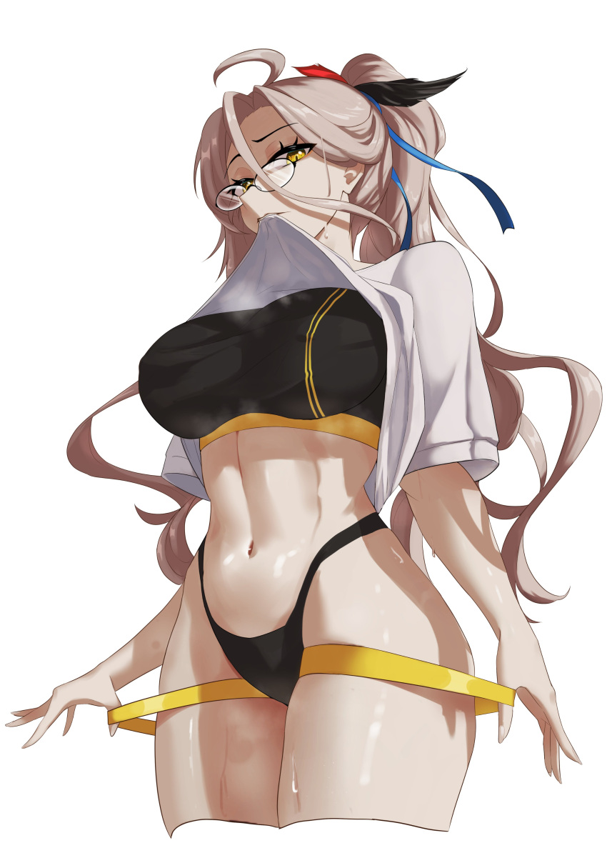 1girl absurdres ahoge black_sports_bra blue_ribbon breasts clothes_in_mouth clothes_lift cowboy_shot glasses hair_between_eyes hair_ribbon highleg highres indie_virtual_youtuber jun_yuwei light_brown_hair long_hair midriff mouth_hold navel ponytail ribbon second-party_source shirt shirt_in_mouth shirt_lift short_sleeves solo sports_bra steaming_body sweat toned virtual_youtuber white_shirt yellow_eyes