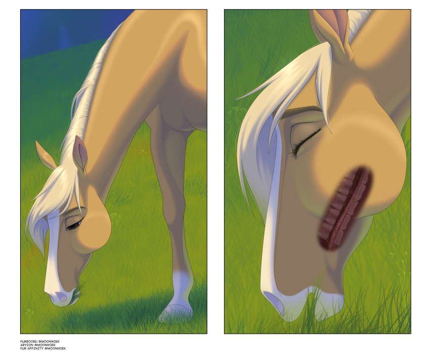 abiguous_human absurd_res ambiguous_gender ambiguous_prey bodily_fluids brown_eyes dreamworks equid equine esperanza_(cimarron) eyelashes eyes_closed female female_pred feral feral_pred grass_field grazing group hi_res horse human larger_female mammal mane micro moonhoek nano nostrills open_mouth saliva size_difference smaller_ambiguous spirit:_stallion_of_the_cimarron teeth tongue trio unaware_pred vore white_mane x-ray_vision