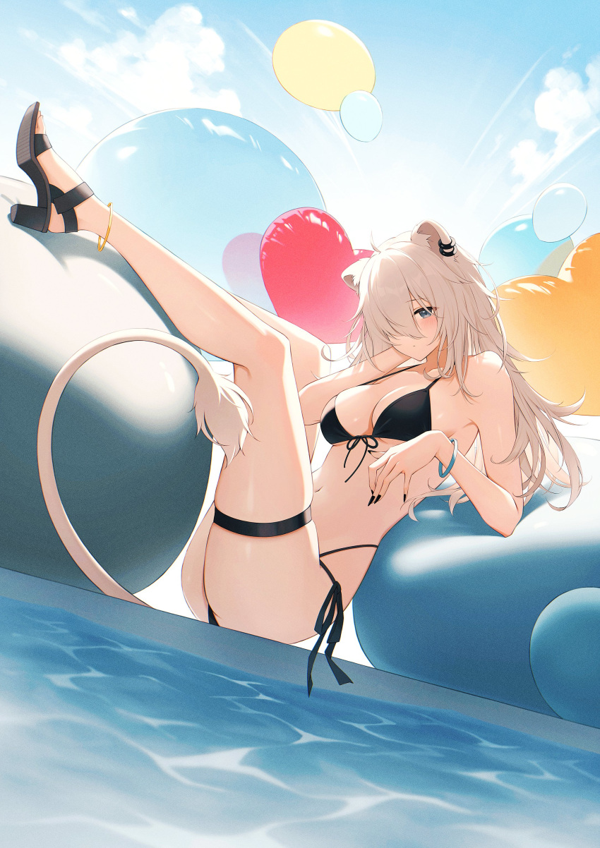 1girl absurdres alternate_costume animal_ears ass balloon bikini black_bikini black_nails bracelet breasts cloud commentary_request day ear_piercing feet full_body grey_eyes grey_hair hair_over_one_eye hands_up high_heels highres hololive jewelry large_breasts legs legs_up lion_ears lion_tail long_hair long_legs momomooq navel outdoors parted_bangs piercing sandals shadow shishiro_botan side-tie_bikini_bottom sky solo swimsuit tail thigh_strap toes virtual_youtuber water