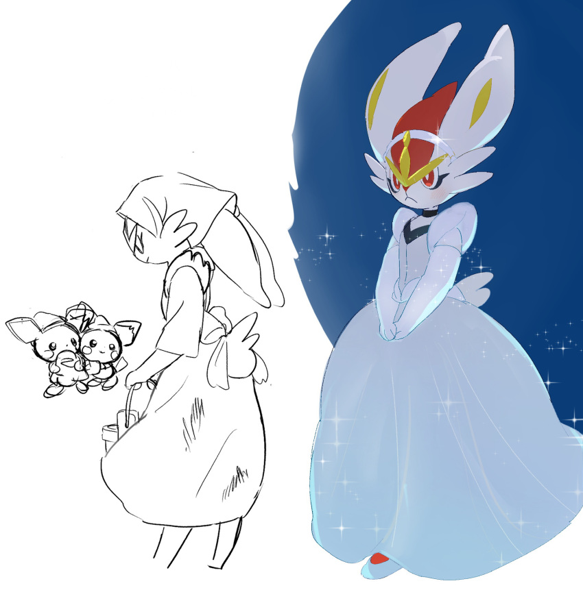 anthro blush cinderace cinderella_(disney) clothing dress female fur generation_2_pokemon generation_8_pokemon glistening glistening_clothing group hi_res long_ears nintendo pichu pokemon pokemon_(species) scut_tail short_tail size_difference solo tail white_body white_fur