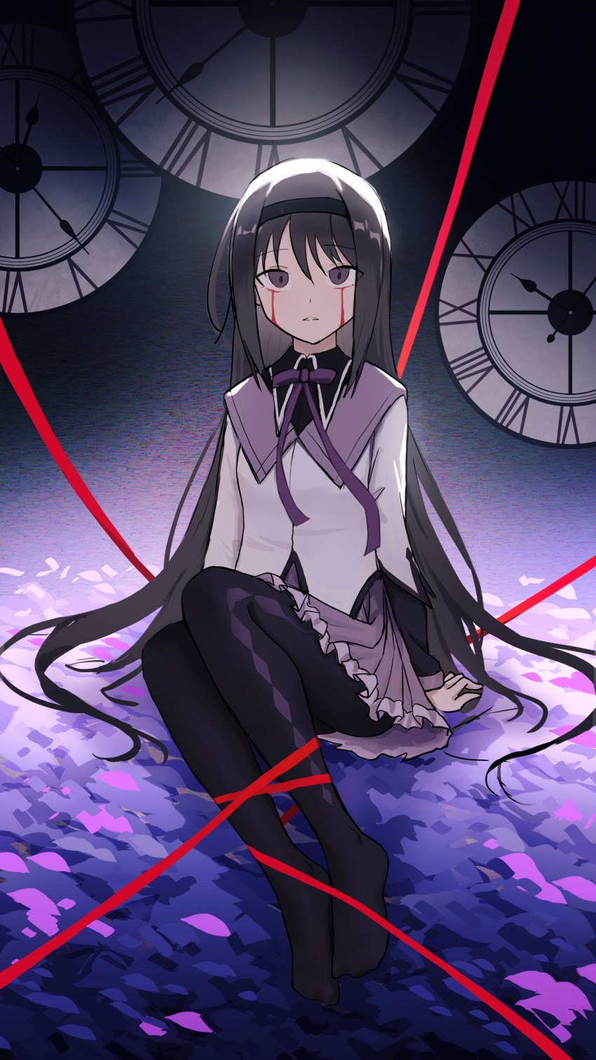 1girl absurdres akemi_homura argyle argyle_legwear black_hair black_hairband black_pantyhose blood blood_from_eyes clock facing_viewer full_body hairband highres long_hair long_sleeves mahou_shoujo_madoka_magica mahou_shoujo_madoka_magica_(anime) neck_ribbon no_shoes nyanko960121 on_floor pantyhose parted_lips purple_eyes purple_ribbon purple_skirt red_ribbon ribbon shirt sitting skirt solo white_shirt