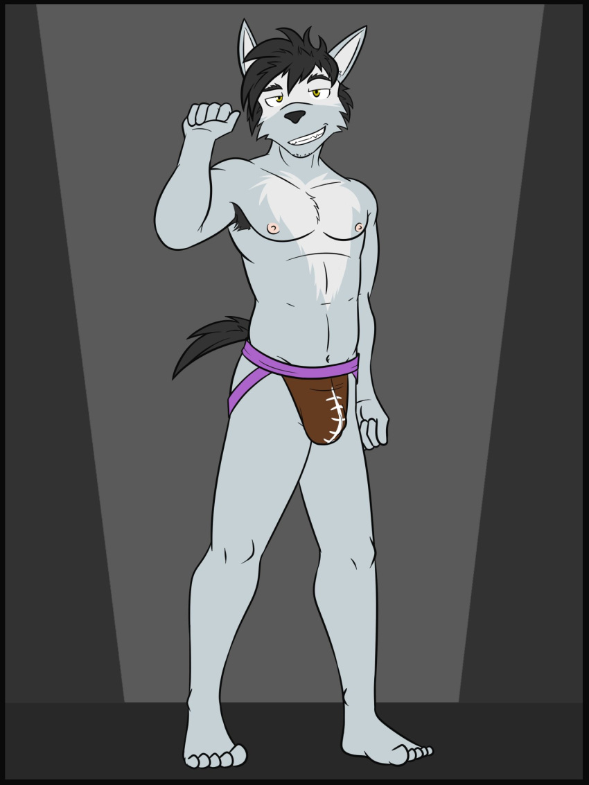 abstract_background anthro armpit_hair athletic body_hair bulge canid canine canis clothed clothing duke_(fuze) full-length_portrait fuze hi_res jockstrap jockstrap_only male mammal navel nipples portrait solo topless underwear underwear_only wolf