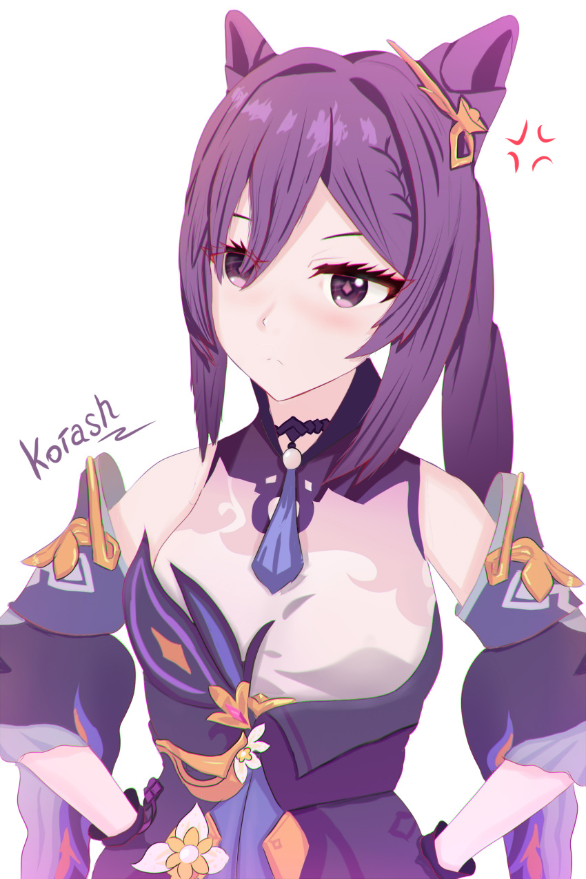 1girl absurdres angry choker cone_hair_bun diamond-shaped_pupils diamond_(shape) double_bun dress frilled_gloves frills gloves hair_bun hair_ears highres keqing_(genshin_impact) kotash long_hair looking_at_viewer neck_tassel non-web_source pearl_hair_ornament purple_choker purple_dress purple_eyes purple_gloves purple_hair simple_background solo symbol-shaped_pupils twintails white_background