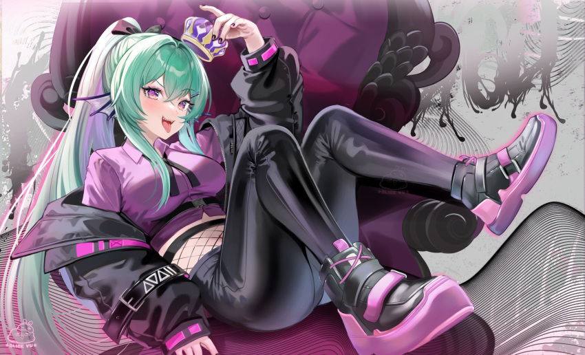 1girl alice_vu arm_up belt black_footwear black_jacket black_pants bow breasts collared_shirt crop_top crown finana_ryugu finana_ryugu_(3rd_costume) fishnets green_hair hair_bow highres holding jacket large_breasts legs legs_up long_hair long_sleeves looking_at_viewer lying midriff nail_polish navel nijisanji nijisanji_en off_shoulder on_back open_clothes open_jacket pants ponytail puffy_sleeves purple_eyes purple_shirt raised_eyebrow reclining shirt shoes solo stomach thighs throne very_long_hair