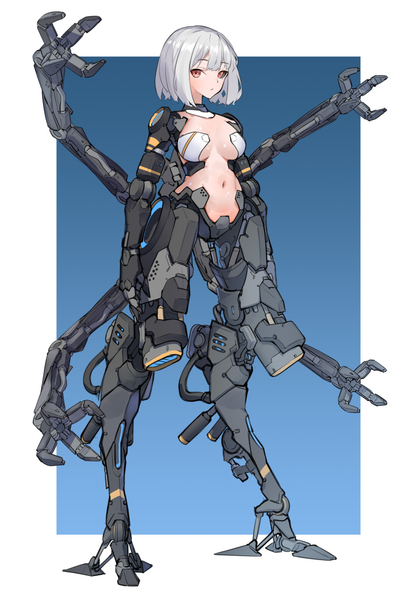 1girl absurdres arms_at_sides black_sclera blue_background breasts colored_sclera commentary_request commission cyborg digitigrade expressionless full_body grey_hair highres large_breasts looking_at_viewer mechanical_arms mismatched_sclera navel orange_eyes original prosthesis prosthetic_arm prosthetic_leg ringobatake science_fiction short_hair skeb_commission solo standing