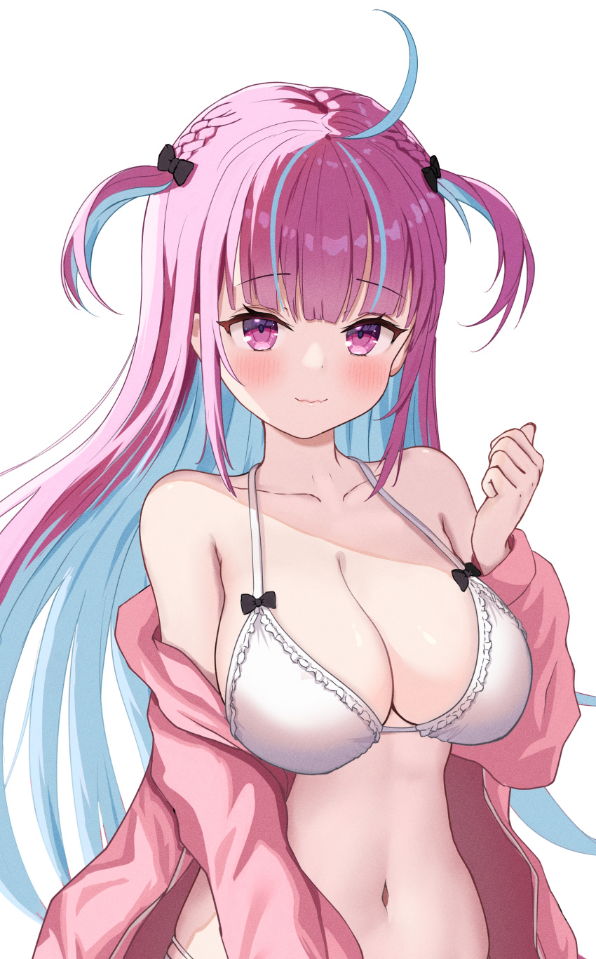 1girl absurdres ahoge aqua_hair bikini blush breasts cleavage closed_mouth collarbone colored_inner_hair commentary highres hololive hood hoodie large_breasts long_hair long_sleeves looking_at_viewer minato_aqua multicolored_hair navel pink_eyes pink_hair pink_hoodie simple_background smile solo stomach streaked_hair swimsuit tobidasu00 two-tone_hair two_side_up virtual_youtuber white_background white_bikini