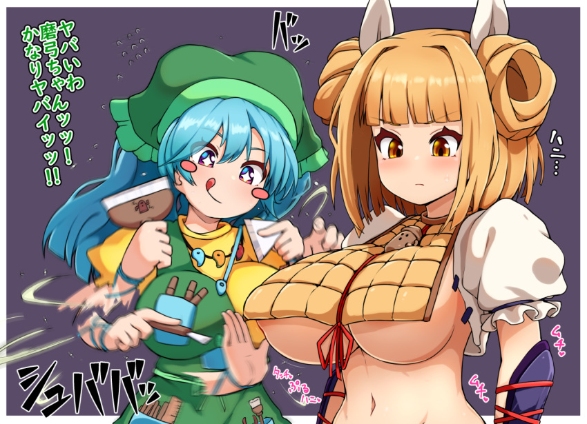+_+ 2girls :q black_background blonde_hair blue_hair blunt_bangs blush_stickers breasts closed_eyes closed_mouth commentary_request double_bun green_headwear hair_bun hair_intakes haniwa_(statue) haniyasushin_keiki head_scarf jewelry joutouguu_mayumi large_breasts long_hair magatama magatama_necklace motion_blur multiple_girls navel necklace peso_(cheese_company) red_eyes tongue tongue_out touhou translation_request underboob upper_body variant_set wood_carving_tool