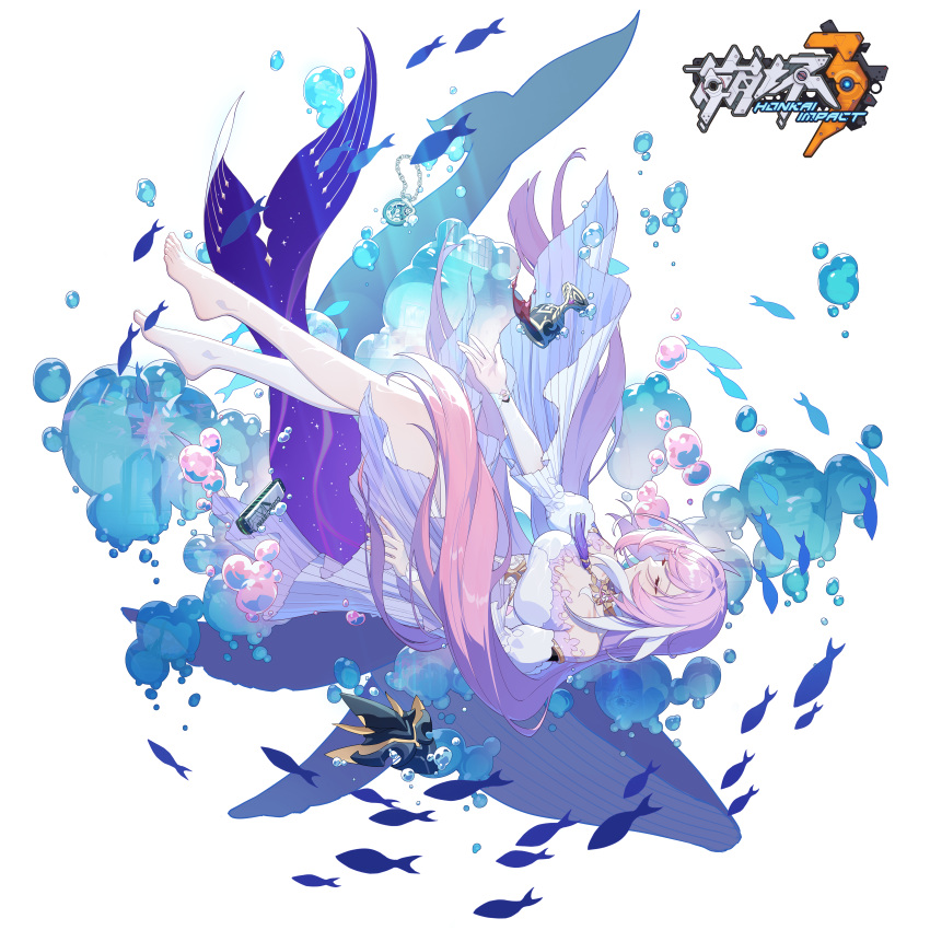 1girl absurdres bare_shoulders breasts bubble closed_eyes closed_mouth dress elysia_(honkai_impact) fish highres honkai_(series) honkai_impact_3rd large_breasts long_hair multicolored_hair ocean official_art pink_hair solo streaked_hair underwater upper_body very_long_hair white_dress