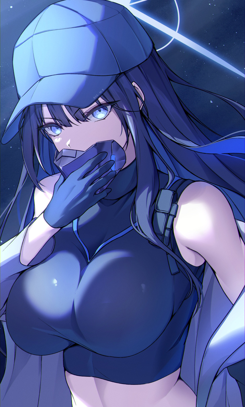 1girl absurdres bare_shoulders baseball_cap black_gloves blue_archive blue_eyes blue_hair breasts crop_top gloves halo hat highres holding holding_mask jacket lanyard large_breasts long_hair looking_at_viewer mask midriff open_clothes open_jacket removing_mask saori_(blue_archive) solo sora_shitatoge upper_body