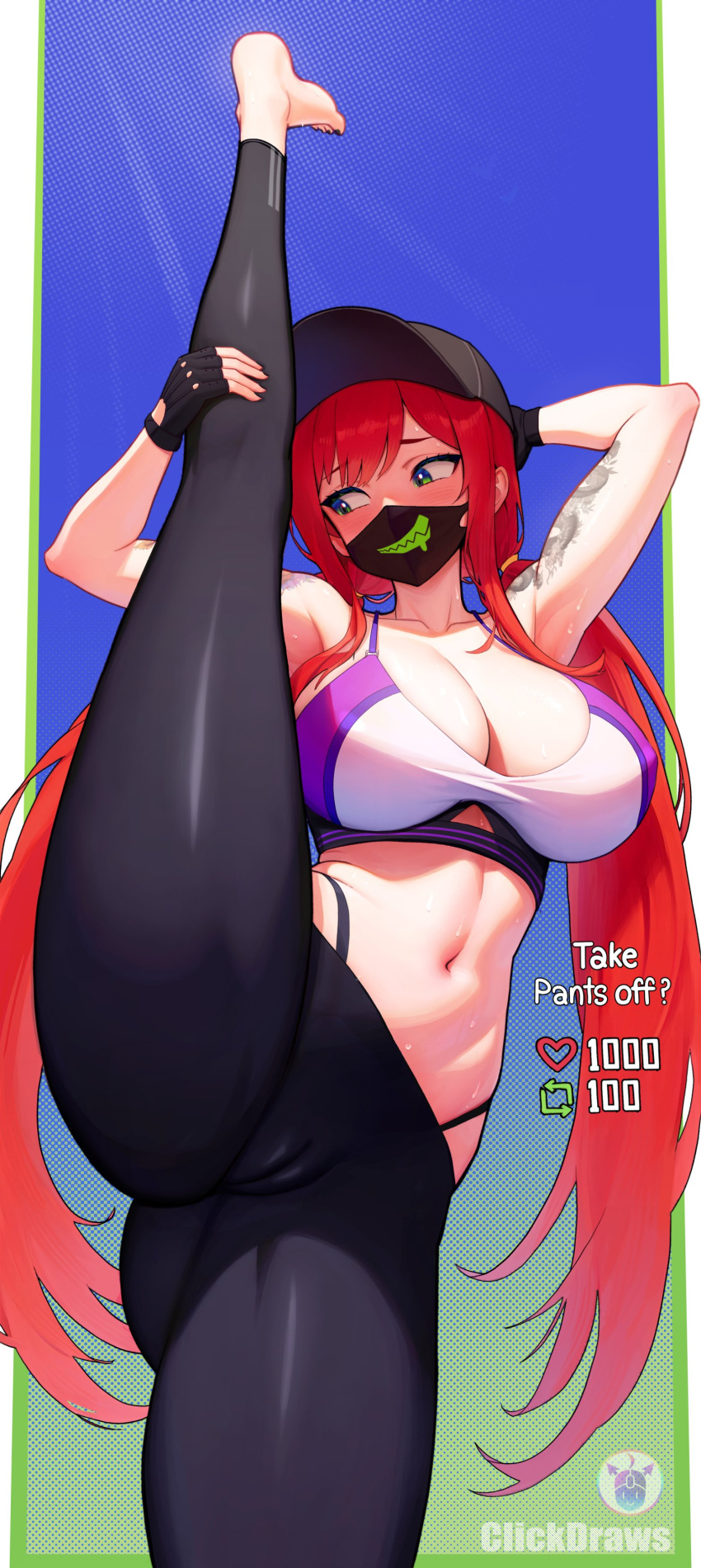 1girl absurdres arm_behind_head armpits arms_up ass ass_visible_through_thighs bare_arms bare_shoulders barefoot baseball_cap black_gloves black_headwear black_pants blue_eyes breasts cameltoe camisole cleavage clickdraws clothing_cutout collarbone cowboy_shot crop_top elly_(vtuber) fingerless_gloves gloves green_eyes hat highleg highres indie_virtual_youtuber kneepits large_breasts leg_lift leg_up leggings lifted_by_self long_hair looking_to_the_side low_twintails mask midriff mouth_mask navel pants panty_straps red_hair shirt shoulder_tattoo sleeveless sleeveless_shirt solo spaghetti_strap split standing standing_on_one_leg standing_split stomach sweat tattoo thighs twintails two-tone_shirt underboob_cutout very_long_hair virtual_youtuber white_shirt