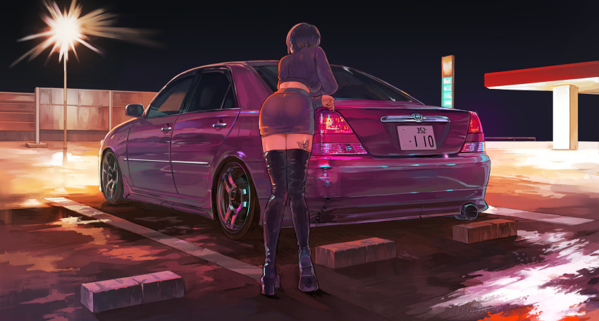 1girl black_hair black_thighhighs boots butterfly_tattoo car cropped_jacket highres jacket lamppost miniskirt momo_hiki motor_vehicle night original outdoors parking_lot purple_car purple_jacket purple_skirt short_hair skirt solo tattoo thigh_boots thighhighs toyota toyota_mark_ii