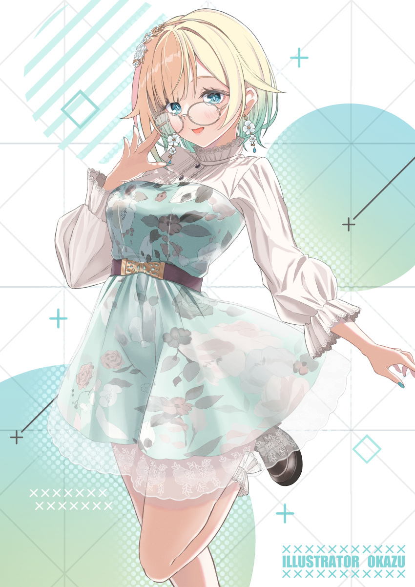 1girl absurdres adjusting_eyewear aizawa_ema belt blonde_hair blue_eyes breasts brown_belt brown_footwear dress earrings floral_print flower flower_earrings glasses gradient_hair green_dress green_hair green_nails hair_flaps hair_flower hair_ornament highres jewelry large_breasts loafers long_sleeves looking_at_viewer multicolored_hair mussan nail_polish official_alternate_costume open_mouth see-through shirt shoes short_hair skirt smile solo standing standing_on_one_leg virtual_youtuber vspo! white_shirt white_skirt yellow-framed_eyewear