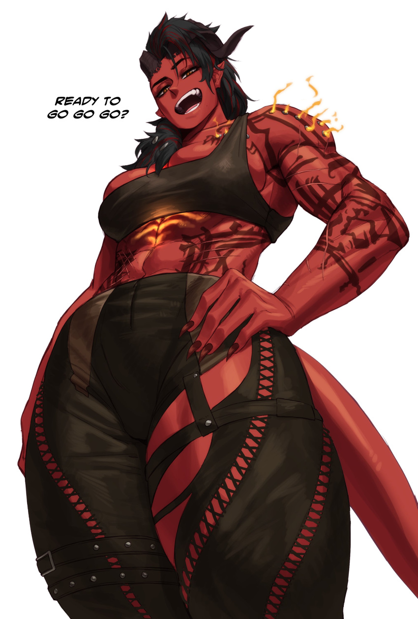 abs absurd_res baldur's_gate_3 black_hair bottomwear breasts clothing demon demon_humanoid dialogue female hair hi_res horn humanoid karlach looking_at_viewer looking_down looking_down_at_viewer low-angle_view muscular muscular_female muscular_humanoid nails pants red_body red_skin scar solo sotcho tattoo tiefling topwear
