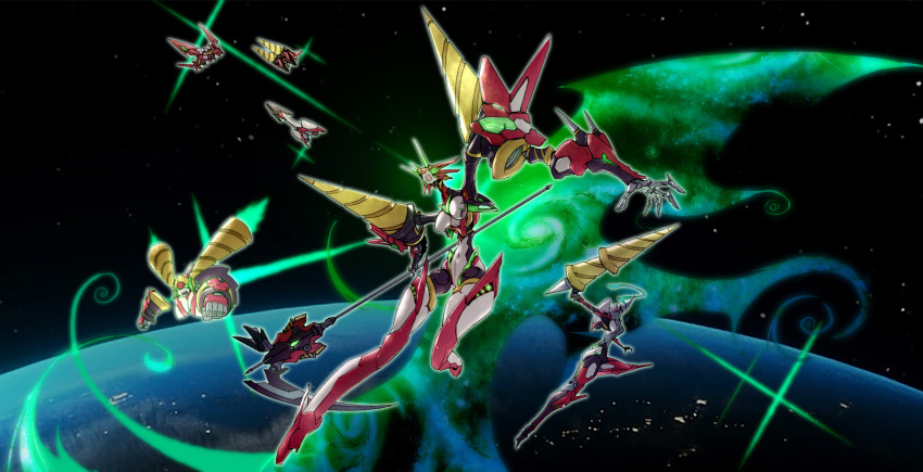 absurdres bingshan breasts clenched_hands detached_arm drill earth_(planet) getter_robo glowing glowing_eyes green_eyes highres holding holding_scythe large_breasts looking_up mecha open_hand open_mouth planet redesign robot science_fiction scythe shin_bear_(getter) shin_eagle_(getter) shin_getter-1 shin_getter-2 shin_getter-3 shin_getter_robo shin_jaguar_(getter) space super_robot thrusters