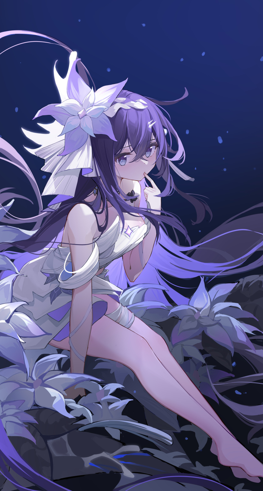 1girl absurdres arm_ribbon bare_shoulders barefoot breasts cleavage closed_mouth commentary_request dress finger_to_mouth flower full_body hair_flower hair_ornament highres honkai_(series) honkai_impact_3rd leg_ribbon legs long_hair looking_at_viewer ningmeng_jing_jing_jing_jing purple_eyes purple_hair ribbon seele_vollerei seele_vollerei_(herrscher_of_rebirth) sitting solo strapless strapless_dress very_long_hair white_dress white_flower