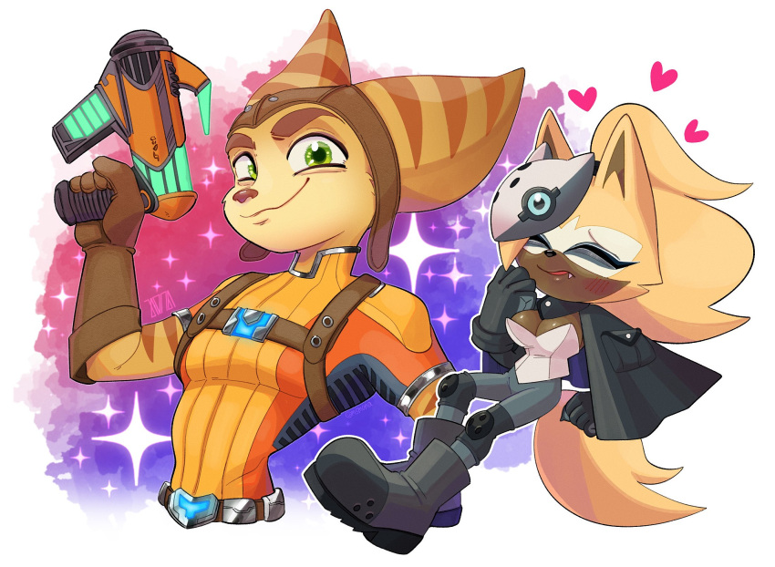 &lt;3 2023 anthro blush boots breasts canid canine canis cleavage clothed clothing crossover duo eyes_closed female footwear fur gloves green_eyes gun handgun handwear hi_res idw_publishing lombax m5mona male mammal mask ranged_weapon ratchet ratchet_and_clank sega sonic_the_hedgehog_(comics) sonic_the_hedgehog_(idw) sonic_the_hedgehog_(series) sony_corporation sony_interactive_entertainment sparkles weapon whisper_the_wolf wolf