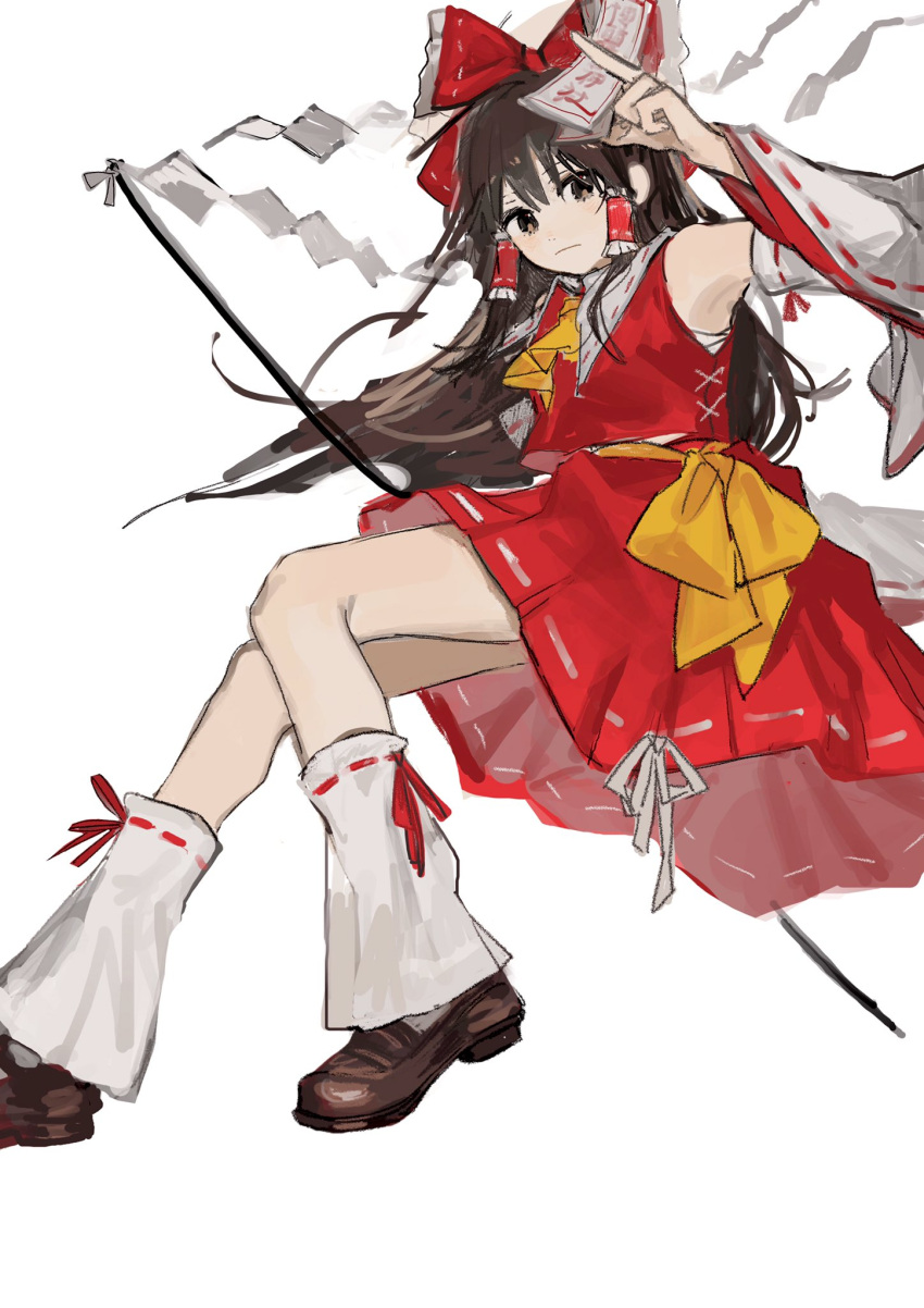 1girl ascot black_vest bow brown_eyes brown_footwear brown_hair closed_mouth detached_sleeves frilled_hair_tubes frills gohei gotagotay hair_bow hair_tubes hakurei_reimu highres long_hair looking_at_viewer red_bow red_skirt ribbon-trimmed_sleeves ribbon_trim shoes simple_background sketch skirt solo touhou vest white_background white_leg_warmers wide_sleeves yellow_ascot