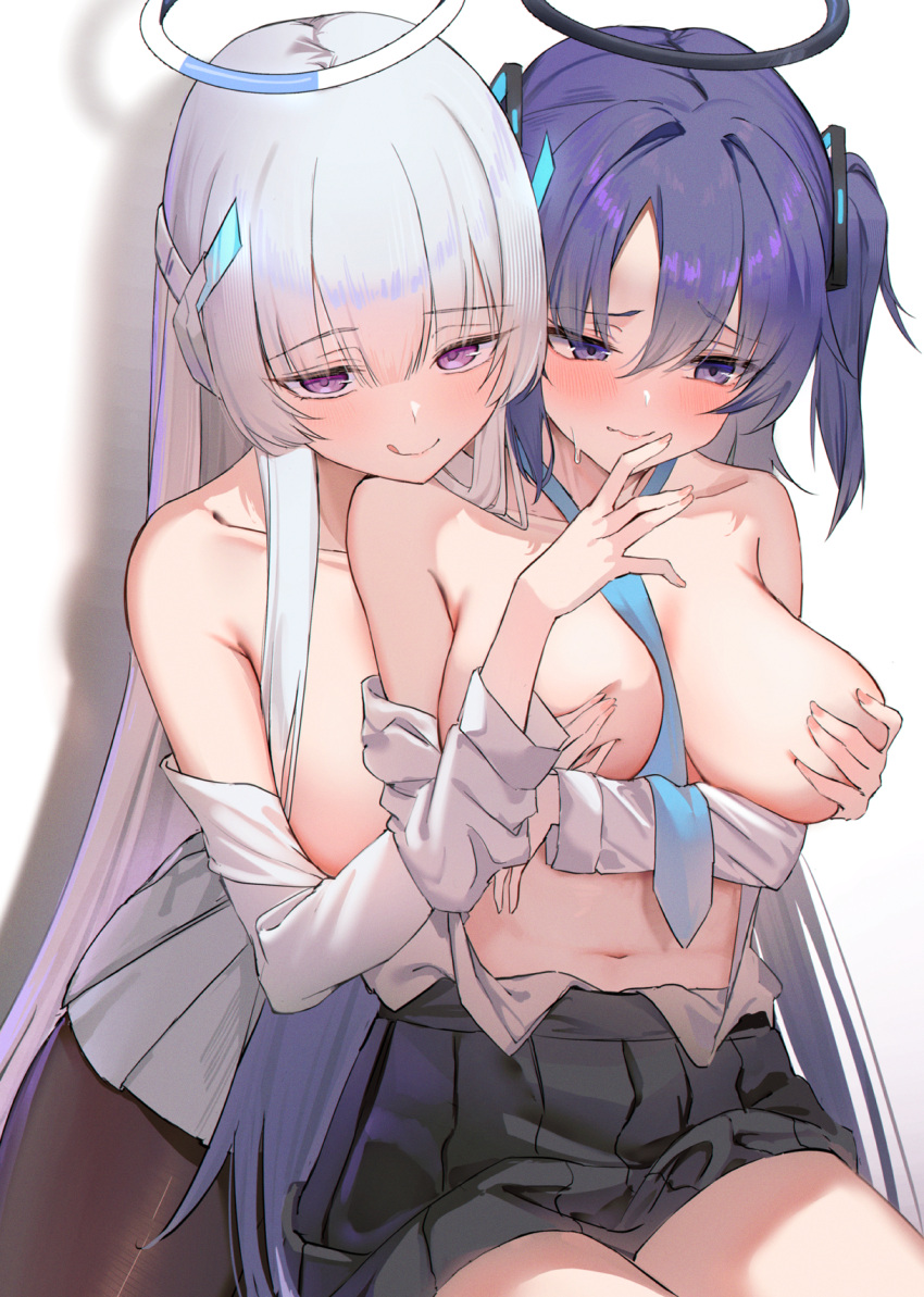 2girls averting_eyes black_pantyhose black_skirt blue_archive blue_necktie blush breasts collarbone grabbing grabbing_another's_breast grabbing_from_behind grey_hair halo highres large_breasts lookhow looking_at_viewer multiple_girls navel necktie noa_(blue_archive) open_clothes open_shirt pantyhose purple_eyes purple_hair skirt smile tongue tongue_out white_background yuri yuuka_(blue_archive)