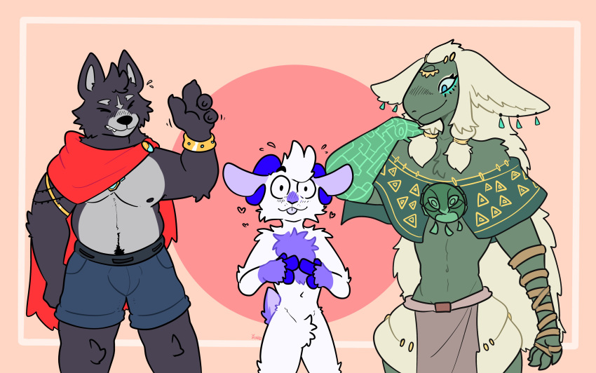 &lt;3 absurd_res adastra adastra_(series) amicus_(adastra) anthro blep body_hair bottomwear bovid bracelet canid canine canis cape caprine cheek_tuft chest_tuft clothing crop_top curled_horn ear_piercing ear_ring echo_project eyes_closed facial_tuft flustered fur goat gold_(metal) gold_bracelet gold_jewelry green_body green_fur grey_body grey_fur group hair half-closed_eyes happy_trail hi_res horn jewelry loincloth male mammal midriff multicolored_body multicolored_fur musclegut narrowed_eyes nintendo piercing purple_body purple_fur rauru_(tears_of_the_kingdom) ring_piercing shirt shorts simple_background smile tan_background tears_of_the_kingdom the_legend_of_zelda tongue tongue_out topwear trio tuft two_tone_body two_tone_fur white_body white_fur white_hair wide_eyed wolf xing1 zonai