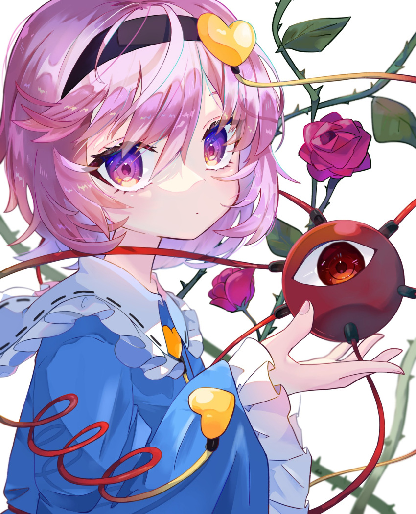 1girl black_hairband blue_shirt chokomaron closed_mouth collared_shirt flower frilled_shirt_collar frilled_sleeves frills gradient_eyes hair_ornament hairband hand_up heart heart_hair_ornament highres komeiji_satori leaf long_sleeves looking_at_viewer multicolored_eyes pink_hair purple_eyes purple_flower purple_rose rose shirt short_hair simple_background solo third_eye thorns touhou upper_body white_background wide_sleeves