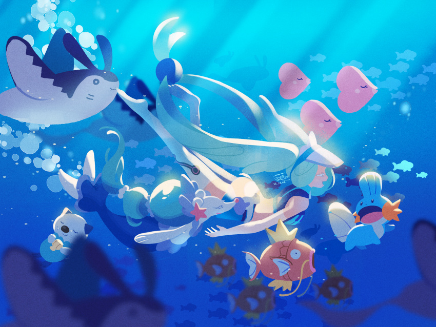 1girl :d bare_arms blue_vest blurry closed_eyes colored_eyelashes commentary_request crossover depth_of_field from_side green_hair gyuhwa hatsune_miku highres light_rays long_hair luvdisc magikarp mantine mudkip open_mouth oshawott pokemon pokemon_(creature) primarina silhouette skirt smile swimming swimsuit twintails underwater vest visor_cap vocaloid white_headwear