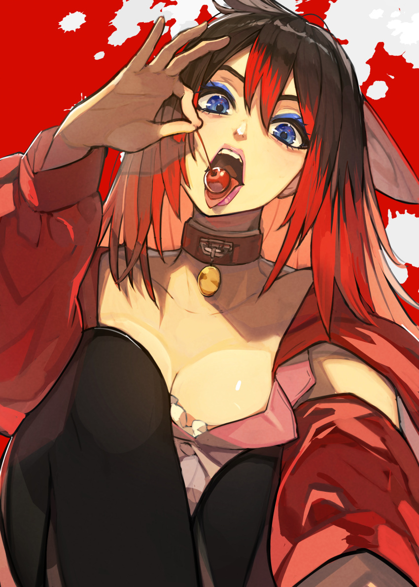 1girl absurdres black_hair black_thighhighs blue_eyes blue_eyeshadow breasts catyla_(bird8700) cherry collar commission eyeshadow food fruit hide_(hideout) highres large_breasts long_hair looking_at_viewer makeup multicolored_hair open_mouth original red_hair skeb_commission solo thighhighs tongue tongue_out two-tone_hair