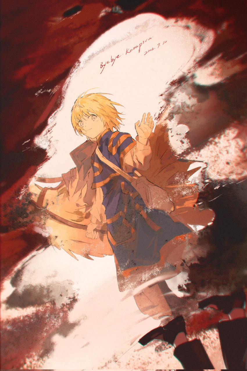 1boy blonde_hair blue_eyes closed_mouth dated hair_between_eyes highres holding hunter_x_hunter kurapika light_blush long_sleeves looking_at_viewer male_focus mei_ren reflection shadow short_hair smile solo standing waving