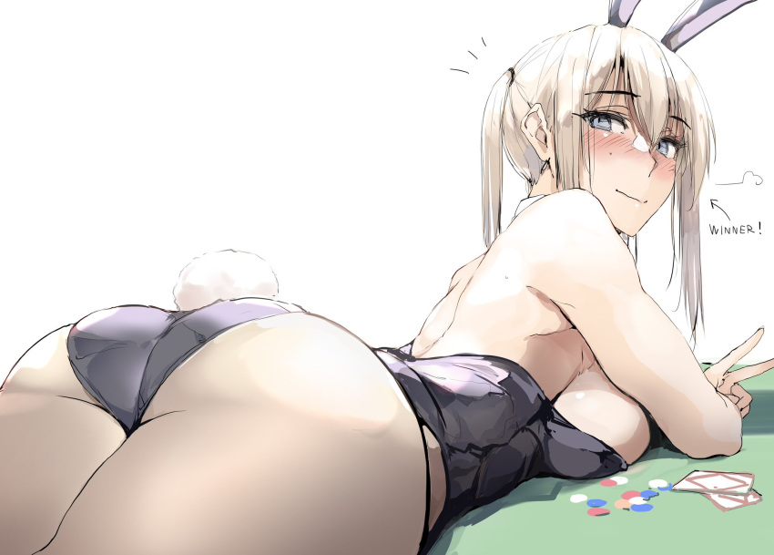 1girl animal_ears ass black_leotard blush breasts detached_collar fake_animal_ears fake_tail graf_zeppelin_(kancolle) highleg highleg_leotard highres kantai_collection large_breasts leotard long_hair looking_at_viewer playboy_bunny rabbit_ears solo strapless strapless_leotard tail white_background zekkyon