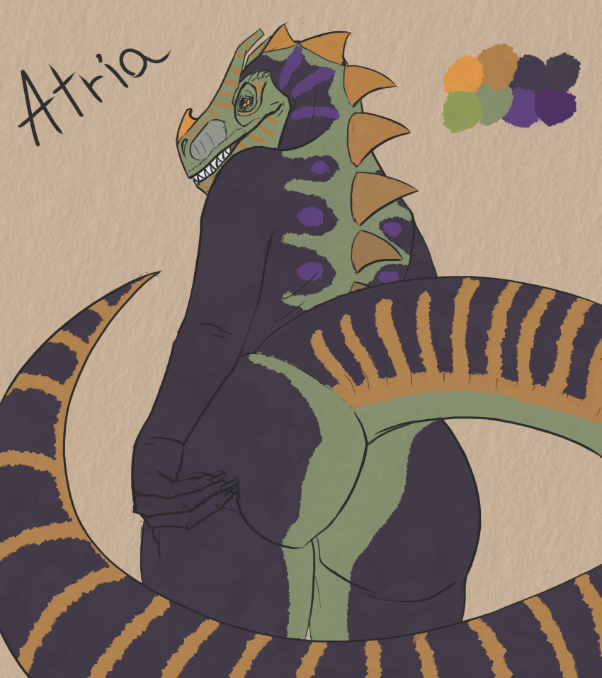 absurd_res allosaurid allosaurus anthro atria butt butt_focus butt_grab colored dinosaur female gloveboxpoptart green_body green_scales grinning_at_viewer hand_on_butt hi_res horn looking_at_viewer looking_back purple_body reptile scales scalie smile solo spikes striped_body stripes tail theropod