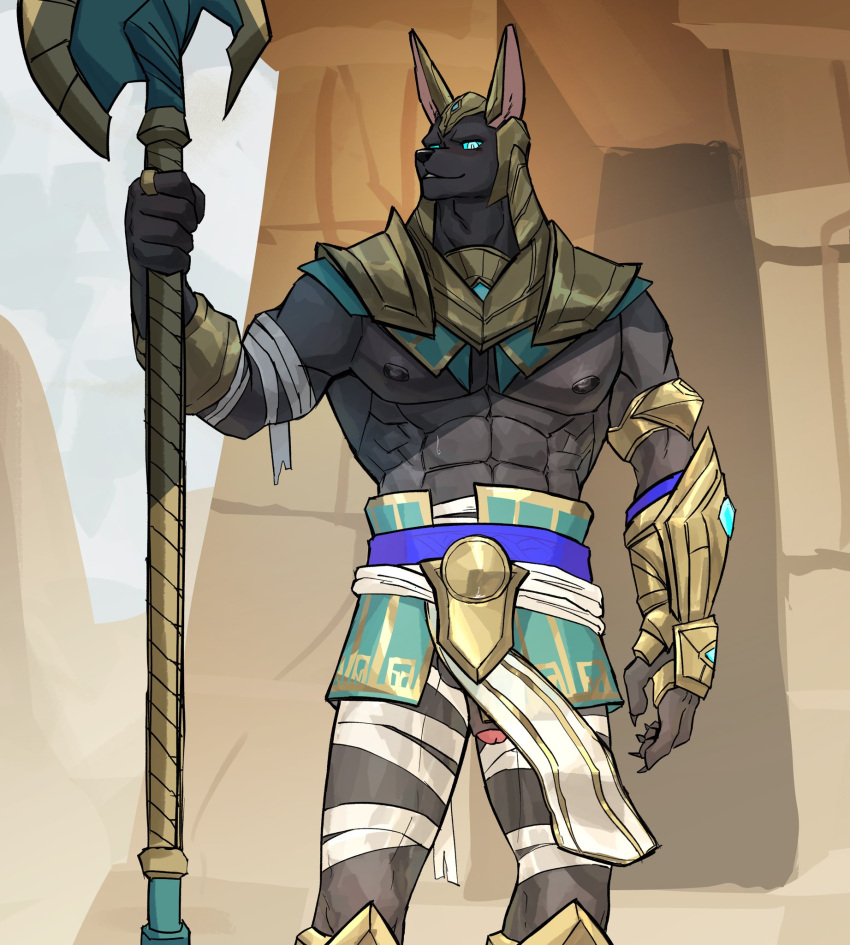 2023 abs anthro anubian_jackal arm_wraps armband armor axe balls barazoku biceps big_muscles boots bottomwear bottomwear_aside bracers canid canine canis claws clothed clothing clothing_aside day desert egyptian flaccid footwear foreskin front_view gem genitals glowing glowing_eyes gold_(metal) headdress headgear hi_res holding_object holding_weapon huge_muscles humanoid_genitalia humanoid_penis jackal league_of_legends leg_wrap loincloth loincloth_aside looking_at_viewer male mammal manly melee_weapon muscular muscular_anthro muscular_male nasus_(lol) navel nipples obliques outside partially_retracted_foreskin pecs penis polearm ring_(jewelry) riot_games sand serratus shadow sky smile solo standing temple topless topless_anthro topless_male unconvincing_armor warwickislovely weapon wind wraps