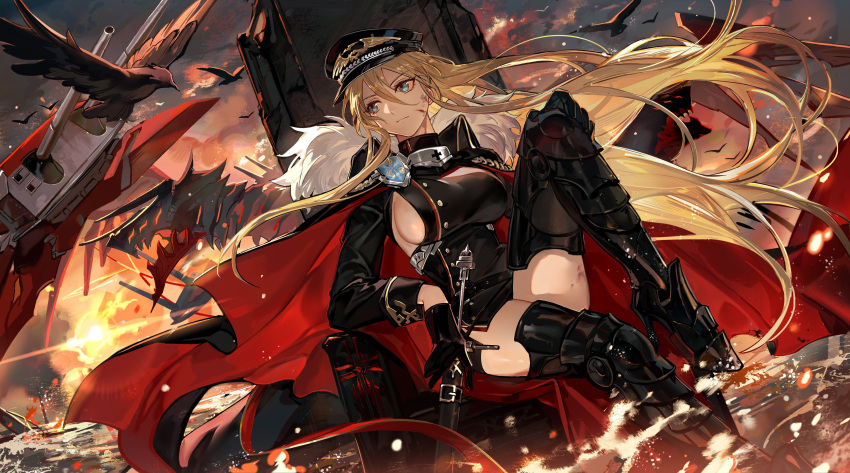 1girl absurdres aiguillette armored_boots azur_lane bird bismarck_(azur_lane) bismarck_zwei_(azur_lane) black_footwear black_gloves black_headwear blonde_hair blood blood_on_face blue_eyes boots breasts cape closed_mouth cloud cloudy_sky dirty dirty_face embers expressionless full_body fur-trimmed_cape fur_trim gloves hair_between_eyes hand_on_own_knee hat high_heel_boots high_heels highres large_breasts long_hair looking_to_the_side mento military_hat ocean official_art peaked_cap rigging scabbard sheath sheathed sideboob sitting sky smoke solo sword thighs throne turret two-sided_cape two-sided_fabric weapon wind