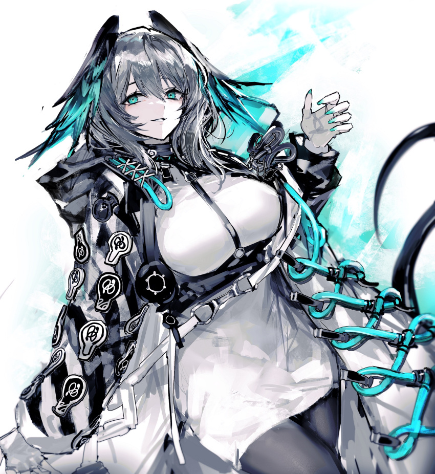 1girl aqua_eyes aqua_nails aqua_theme arknights black_jacket black_pantyhose breasts chest_harness dress grey_hair grin harness head_wings highres ho'olheyak_(arknights) jacket large_breasts light_bulb looking_at_viewer medium_hair pantyhose parted_lips pencil_dress remsrar smile solo strap tail white_dress