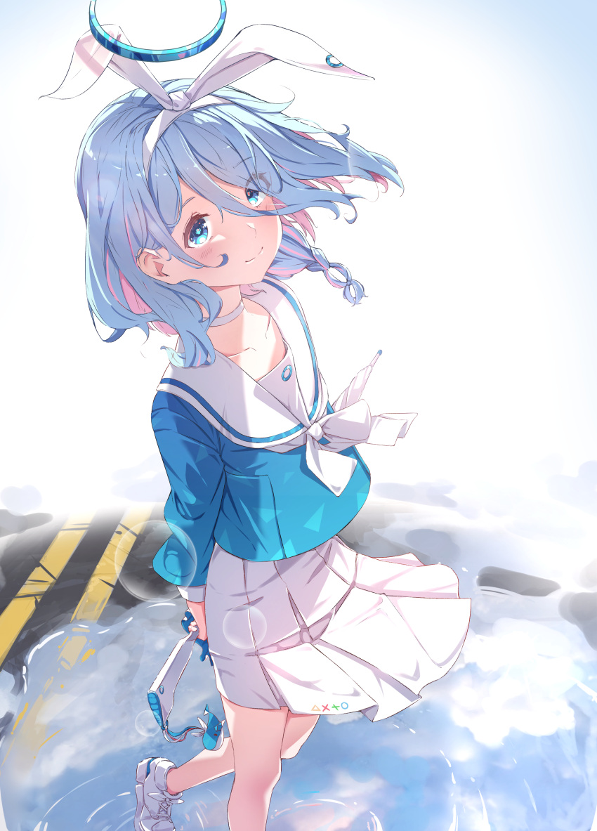 1girl absurdres arona_(blue_archive) blue_archive blue_hair blue_halo blue_pupils blue_serafuku blue_shirt blush bow_hairband braid choker colored_inner_hair hair_over_one_eye hairband halo heart_halo highres light_blue_hair looking_at_viewer multicolored_hair naretsuro neckerchief pink_hair pink_halo sailor_collar school_uniform serafuku shirt single_braid skirt smile solo umbrella_gun uniform white_choker white_hairband white_neckerchief white_sailor_collar white_skirt