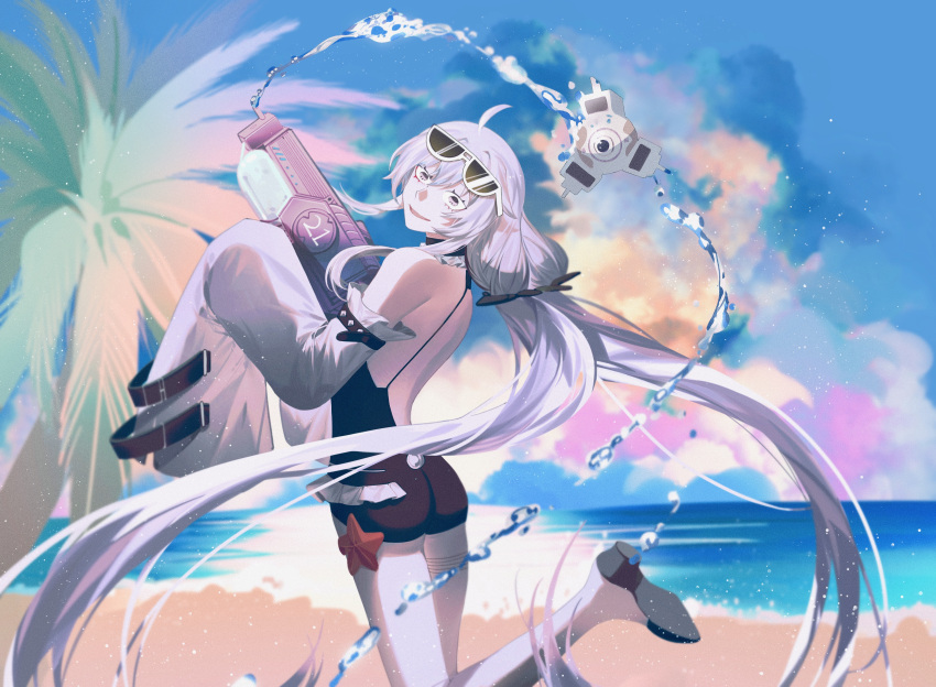 1girl absurdres ahoge backless_swimsuit bare_legs bare_shoulders beach black_choker black_one-piece_swimsuit choker cloud crazy_smile detached_sleeves drone eyewear_on_head frilled_choker frills grey_eyes grey_hair highres holding holding_water_gun long_hair looking_at_viewer luosanle no.21:_xxi_(solar_frost)_(punishing:_gray_raven) no.21_(punishing:_gray_raven) ocean one-piece_swimsuit punishing:_gray_raven sidelocks sky sleeves_past_fingers sleeves_past_wrists smile solo starfish sunglasses swimsuit twintails very_long_hair water_gun white_sleeves