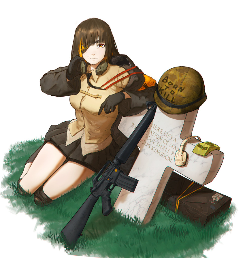 1girl absurdres assault_rifle black_gloves black_skirt brown_hair collared_shirt commission ear_protection english_commentary english_text eyepatch full_body full_metal_jacket girls'_frontline gloves grass gun helmet highres jacket knee_pads looking_at_viewer m16 m4a1_(girls'_frontline) military_helmet multicolored_hair open_clothes open_jacket pleated_skirt rifle scar scar_on_face shirt sitting skirt solo streaked_hair thighs tombstone van_duck_iii weapon yellow_shirt