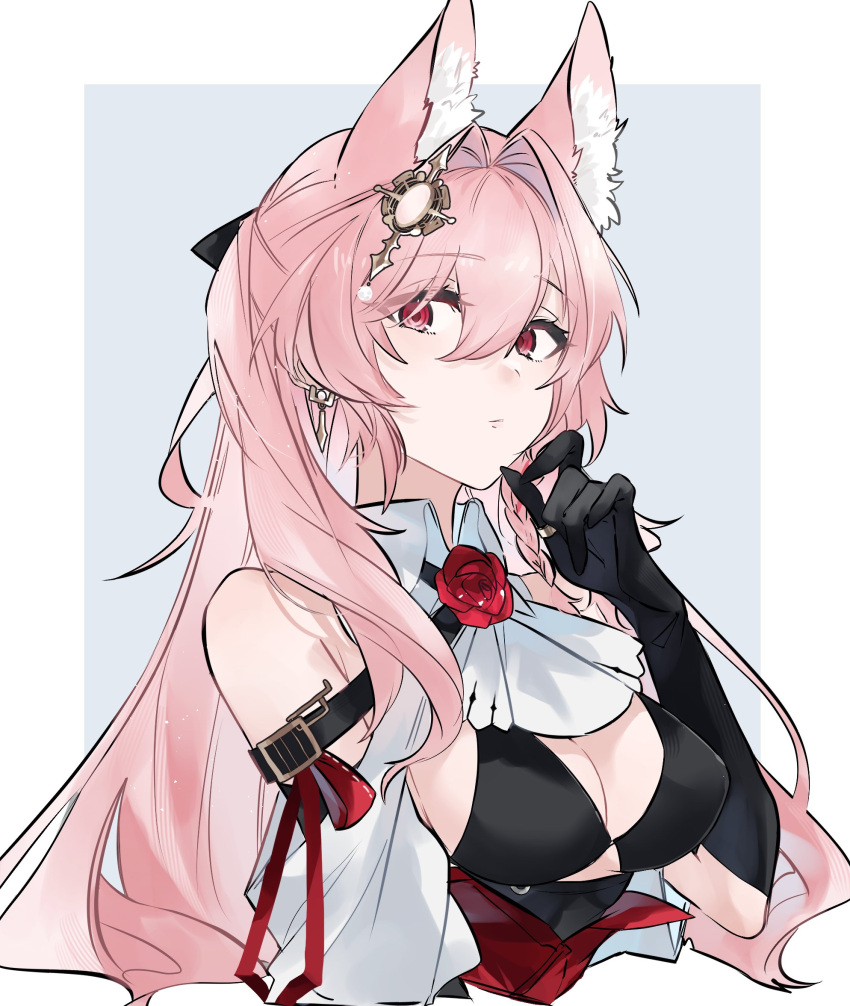 1girl animal_ear_fluff animal_ears arknights ascot bikini black_bikini black_gloves blue_background border breasts cleavage commentary corsage cropped_torso earrings flower gloves hair_intakes hair_ornament hand_up highres jewelry long_hair looking_at_viewer medium_breasts pink_eyes pink_hair pozyomka_(arknights) rose simple_background solo swimsuit upper_body white_ascot wolf_ears wolf_girl yakota_(usuk-yako)