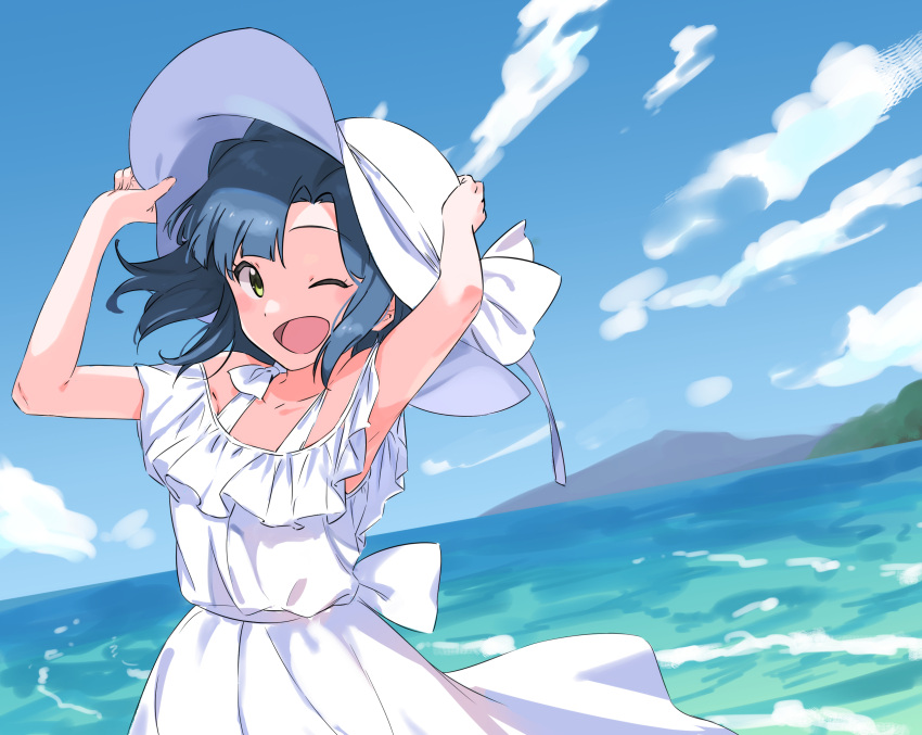 1girl 4410_(kanimiso) armpits arms_up bare_shoulders blue_hair blush bow cloud cloudy_sky collarbone day dot_nose dress dress_bow forest frilled_dress frills hat highres holding holding_clothes holding_hat idolmaster idolmaster_million_live! idolmaster_million_live!_theater_days looking_at_viewer mountain nanao_yuriko nature ocean one_eye_closed open_mouth short_hair sky smile solo white_dress white_headwear yellow_eyes