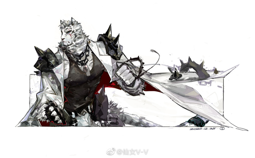 1boy animal_ears arknights bandaged_hand bandages bara belt black_belt black_tank_top blue_eyes chain_necklace clenched_hands covered_nipples facial_hair fighting_stance furry furry_male goatee jacket jacket_on_shoulders jewelry large_pectorals looking_at_another male_focus mountain_(arknights) muscular muscular_male necklace pants pectorals pipidan scar scar_across_eye short_hair shoulder_spikes solo spikes tail tank_top thick_eyebrows tiger_boy tiger_ears tiger_tail turning_head white_hair white_jacket white_pants