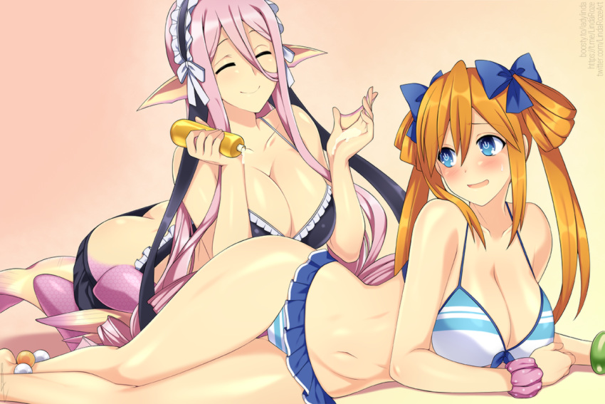 2girls bikini bikini_skirt blue_bikini blue_eyes bottle breasts choujigen_game_neptune closed_eyes commission crossover drill_hair english_commentary fins hair_rings head_fins holding holding_bottle large_breasts lindaroze long_hair lotion lotion_bottle maid_headdress mermaid meroune_lorelei monster_girl monster_musume_no_iru_nichijou multiple_girls navel neptune_(series) orange_hair orange_heart pink_hair pointy_ears power_symbol scales smile striped striped_bikini sunscreen swimsuit symbol-shaped_pupils twintails very_long_hair webbed_hands