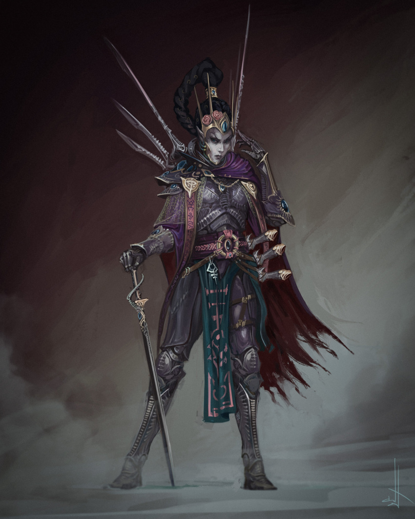 1girl absurdres arm_guards armor black_hair braid chest_jewel cloak eldar forehead_jewel gem highres holding holding_sword holding_weapon multiple_swords nictanova ornate_clothes purple_cloak purple_footwear purple_gemstone simple_background strap sword warhammer_40k weapon