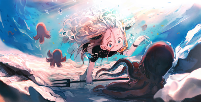 1girl blonde_hair blue_eyes bodysuit borrowed_character bosako_(haguhagu) collaboration colorized commentary curly_hair diving_suit haguhagu_(rinjuu_circus) highres holding holding_weapon horns long_hair messy_hair octopus original polearm snorkel solo sunlight swimsuit toro3 trident underwater weapon wetsuit