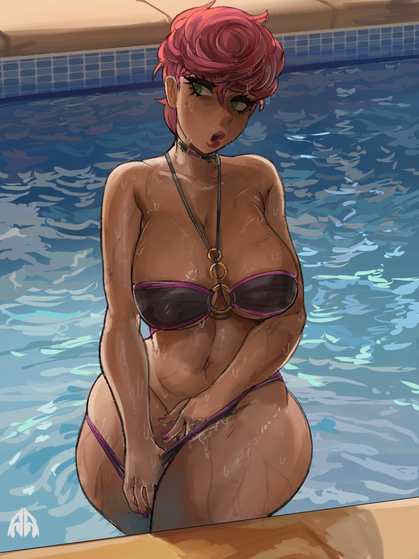 1girl absurdres adjusting_clothes adjusting_swimsuit alamander bikini breasts highres jojo_no_kimyou_na_bouken logo looking_to_the_side medium_breasts medium_hair partially_submerged pool standing swimsuit trish_una vento_aureo