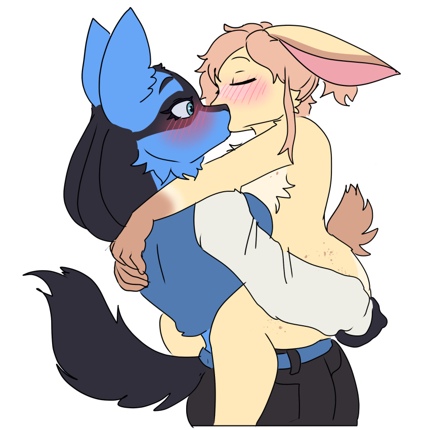 anthro belt big_ears blush bottomwear bunbun_(renderedbread) canid canine clothing cutoffs denim denim_clothing duo embrace eyes_closed female fluffy fluffy_tail fur generation_4_pokemon hair hi_res holding_up hug j0lt jacket ketzel99 kiss_on_lips kissing lagomorph leporid lucario making_out male male/female mammal nintendo pokemon pokemon_(species) rabbit shorts tail tan_body tan_fur tan_hair topwear