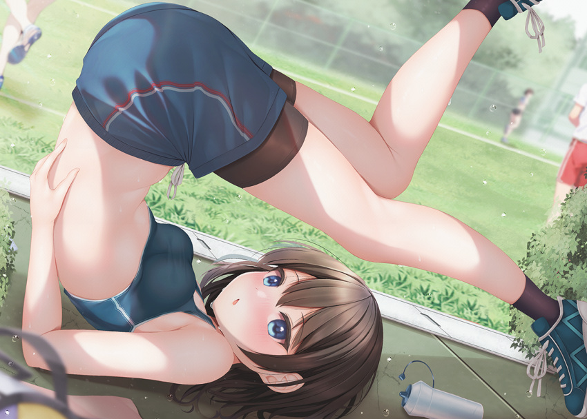 1girl bare_legs bare_shoulders bike_shorts black_socks blue_eyes blue_shorts blush bottle breasts brown_hair commentary_request day flying_sweatdrops from_side full_body gym_shorts legs looking_at_viewer lying medium_breasts medium_hair midriff minato_ojitan multiple_others on_back on_ground open_mouth original outdoors pokemon_(creature) shoelaces shoes shorts small_breasts sneakers socks solo_focus sports_bra stretching sweat sweatdrop thighs upside-down water_bottle yoga