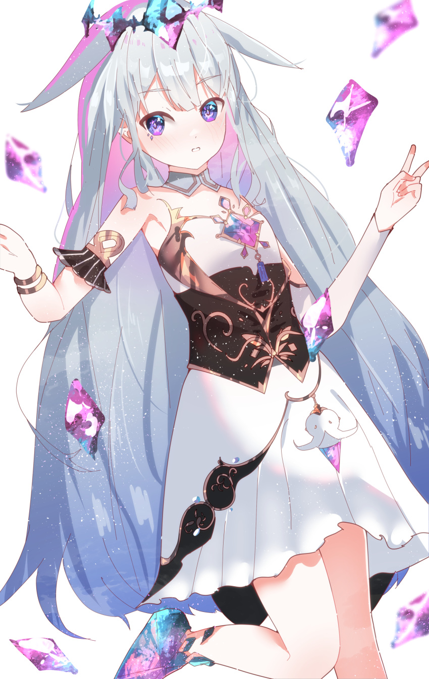 1girl absurdres armpits blush breasts bridal_gauntlets collar colored_inner_hair detached_collar dress grey_hair highres hololive hololive_english koseki_bijou long_hair looking_at_viewer multicolored_hair pink_hair purple_eyes small_breasts smile solo v vanssey virtual_youtuber white_background white_bridal_gauntlets white_collar white_dress
