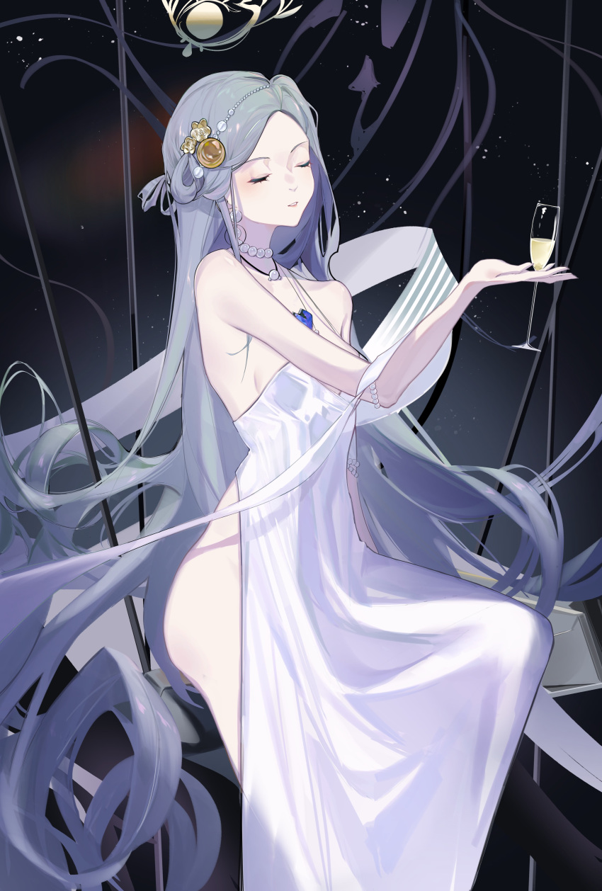 1girl absurdres azur_lane blue_hair breasts brooch champagne_(adulation_eternal)_(azur_lane) champagne_(azur_lane) champagne_flute closed_eyes covered_navel cup dress drinking_glass earrings evening_gown forehead halo highres jewelry light_blue_hair long_hair necklace night night_sky official_alternate_costume parted_bangs pearl_necklace shino_pupille side_slit sideboob sitting sky small_breasts solo thighs very_long_hair white_dress