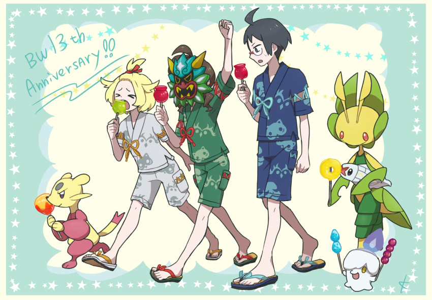 &gt;_&lt; 1boy 2girls ahoge alternate_costume anniversary arm_up bianca_(pokemon) black_hair blonde_hair blue_shirt blue_shorts candy_apple cheren_(pokemon) closed_eyes commentary_request food green_shirt green_shorts grey_shirt grey_shorts hilda_(pokemon) holding kanade knees leavanny litwick mask mask_on_head mienfoo multiple_girls pokemon pokemon_(creature) pokemon_(game) pokemon_bw sandals shirt short_hair short_sleeves shorts standing star_(symbol) toes topknot tynamo walking