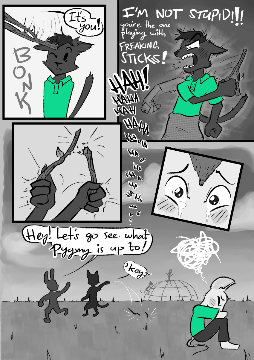 absurd_res anthro beauchamp_(halcyon) black_body black_fur bottomwear clothed clothing comic dialogue digital_media_(artwork) dowsing_rod english_text felid female fur hair halcyon_(series) herba_(halcyon) hi_res holding_object lagomorph leporid lost_andsafe male mammal monochrome mouse murid murine open_mouth playground rabbit rodent shaking shivering simple_background skirt soot_(halcyon) speech_bubble tail text white_body white_fur