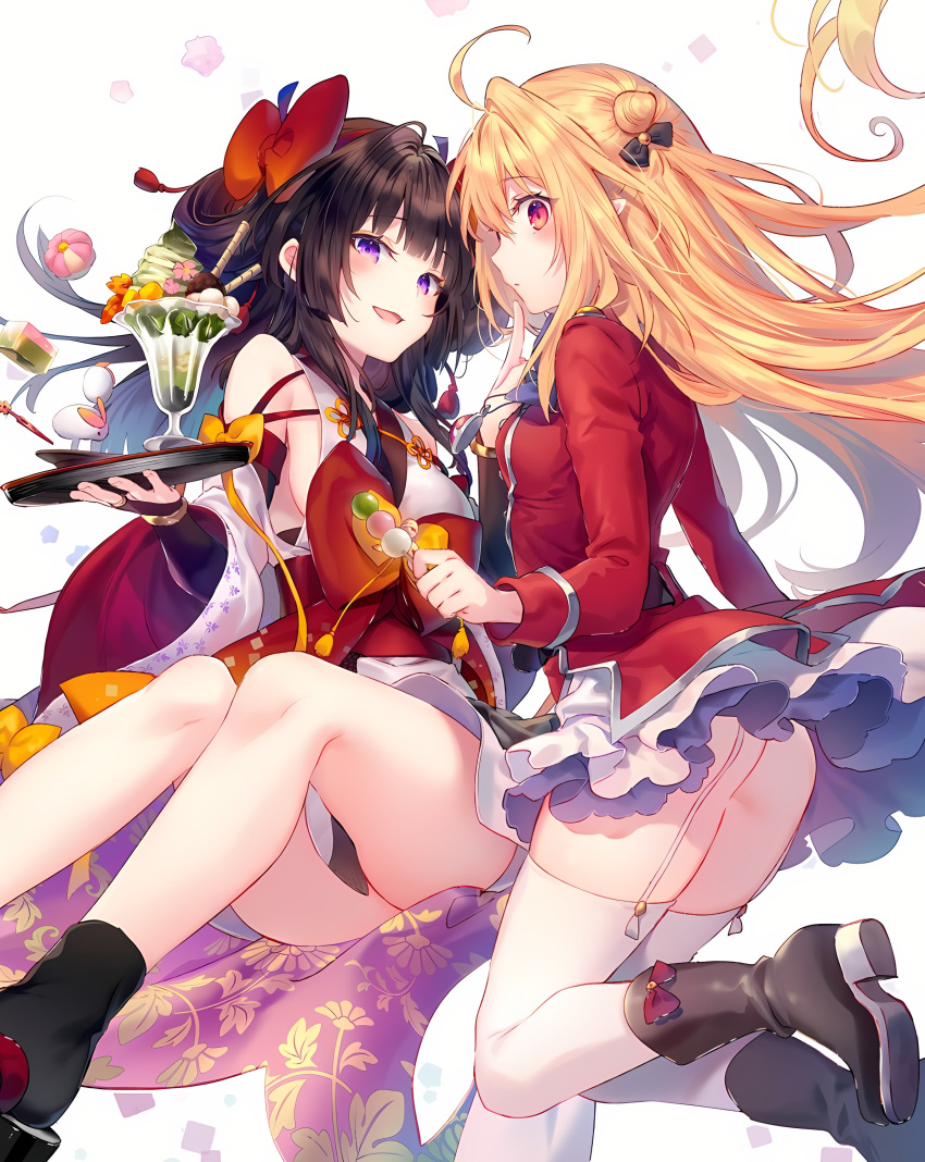 2girls absurdres ahoge amatsu_karla ass black_hair blonde_hair breasts dango food hair_ornament highres hikikomari_kyuuketsuki_no_monmon japanese_clothes long_hair looking_at_another looking_to_the_side md5_mismatch military military_uniform multiple_girls official_art open_mouth purple_eyes red_eyes resolution_mismatch ribbon riichu smile source_smaller terakomari_gandezblood thighhighs thighs uniform wagashi