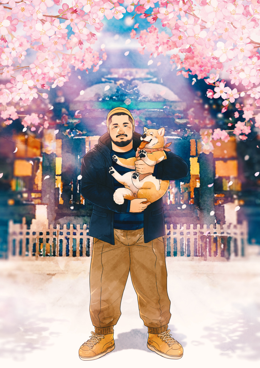 1boy absurdres bara beanie beard blush brown_pants bulge cherry_blossoms daisukebear facial_hair full_body hat highres jacket japan looking_at_viewer male_focus mature_male new_year open_clothes open_jacket original pants plump shiba_inu short_hair shrine solo standing thick_mustache winter_clothes